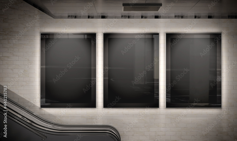 Three vertical billboards glowing on underground wall Mockup. Hoardings advertising triptych on subway wall 3D rendering - obrazy, fototapety, plakaty 