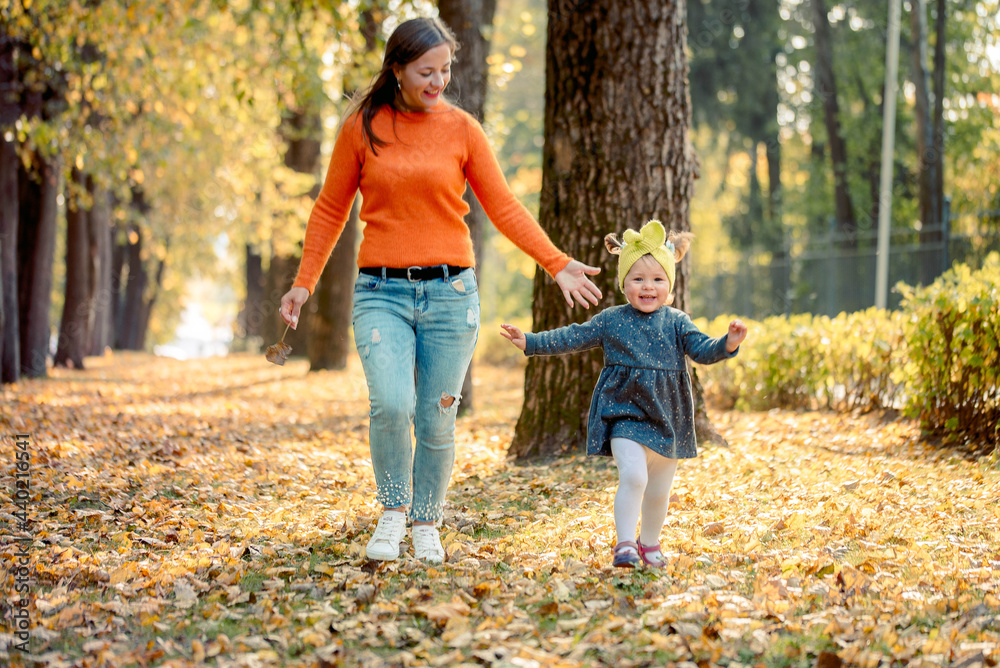 cute baby girl with mom in the park. beautiful autumn in the park