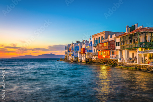Little Venice on Mykonos island at sunset, Greece