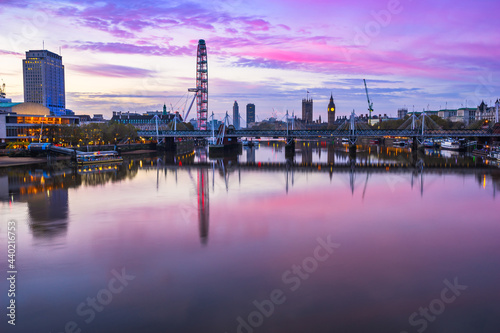 Beautiful sunrise of river Thames overlooking Jubilee bridge and Big Ben clock in London. England