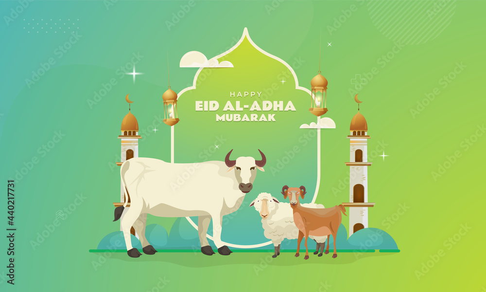 Happy Eid al-Adha banner with illustration of goats, sheep and cows to be sacrificed concept Happy Eid al-Adha banner with illustration of goats, sheep and cows to be sacrificed concept