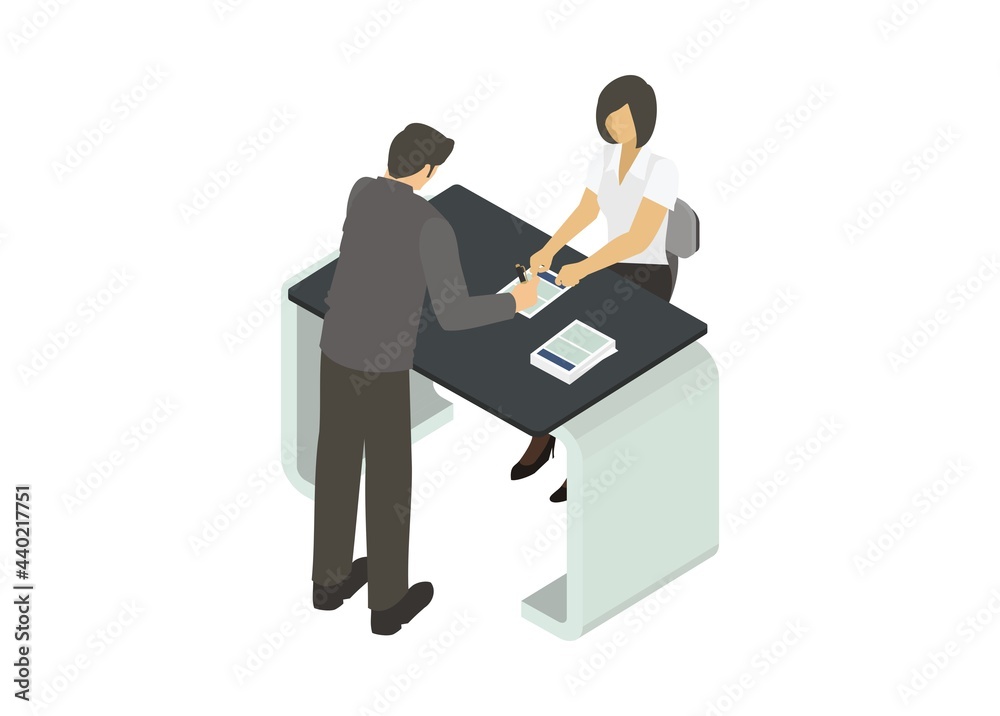 Two people in registration activity, simple illustration Two people in registration activity, simple illustration