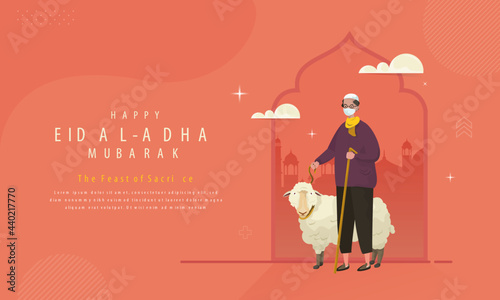 Happy Eid Al-Adha Mubarak with illustrations of Muslims and sacrificial goats