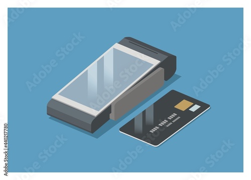 Touchscreen EDC machine with credit card, simple isometric illustration