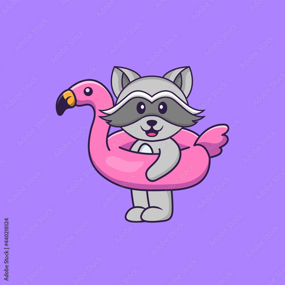 Cute racoon With flamingo buoy. Animal cartoon concept isolated. Can used for t-shirt, greeting card, invitation card or mascot. Flat Cartoon Style Cute racoon With flamingo buoy. Animal cartoon concept isolated. Can used for t-shirt, greeting card, invitation card or mascot. Flat Cartoon Style