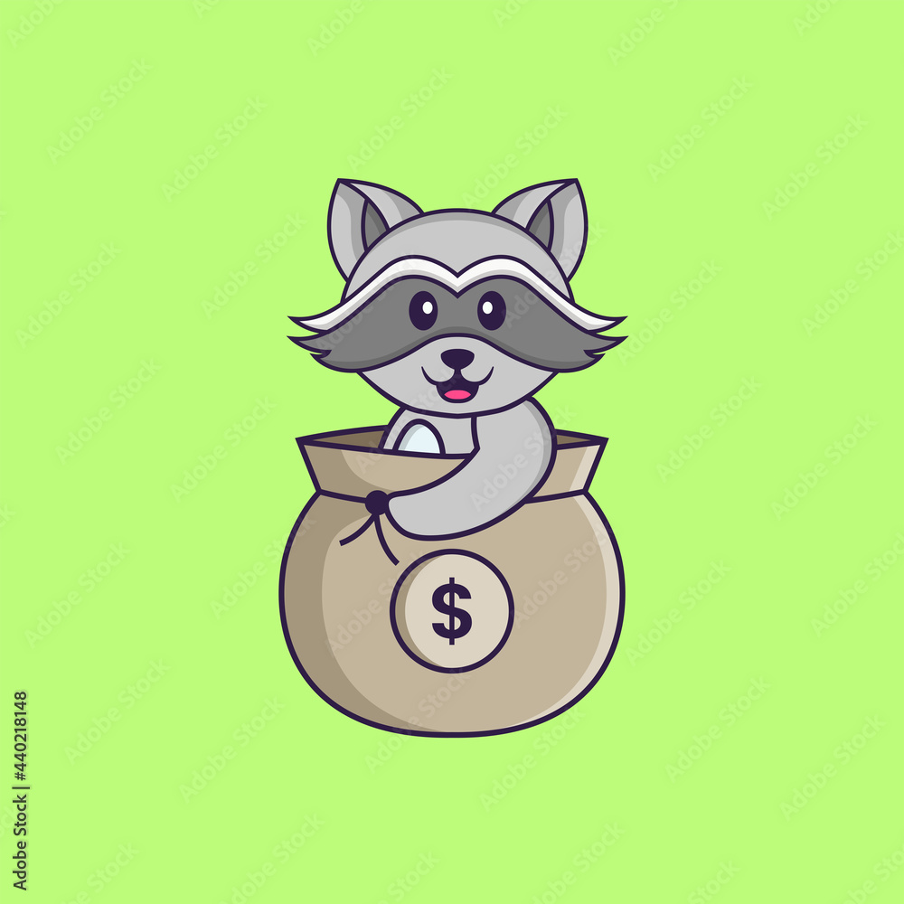 Cute racoon in a money bag. Animal cartoon concept isolated. Can used for t-shirt, greeting card, invitation card or mascot. Flat Cartoon Style