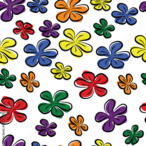 Seamless doodle flowers pattern on white background, using colors of LGBTQ concept, purple, blue, green, yellow, orange, and red. Cute flower doodle pattern for textile and wallpaper.