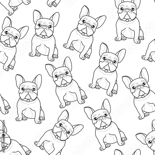 Cute realistic french bulldog sketch seamless pattern template. Cartoon graphic vector illustration in black and white for games, background, pattern, decor. Coloring paper, page, story book, print