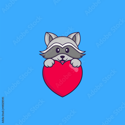 Cute racoon holding a big red heart. Animal cartoon concept isolated. Can used for t-shirt, greeting card, invitation card or mascot. Flat Cartoon Style
