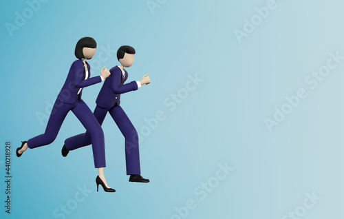 A 3D rendering businessman and women running on isolated blue color background. 