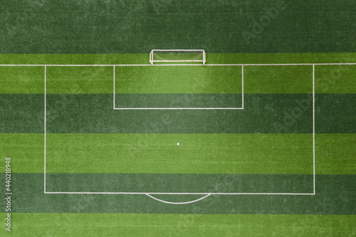 Aerial top view of the restricted area of the soccer field goal