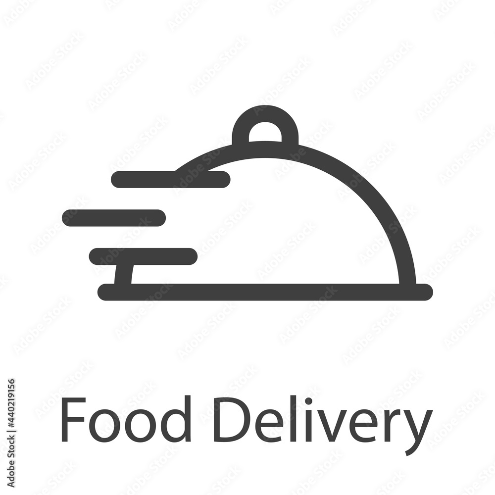 Logotipo con texto Food Delivery con bandeja de comida con tapadera con lineas de velocidad en color gris Logotipo con texto Food Delivery con bandeja de comida con tapadera con lineas de velocidad en color gris