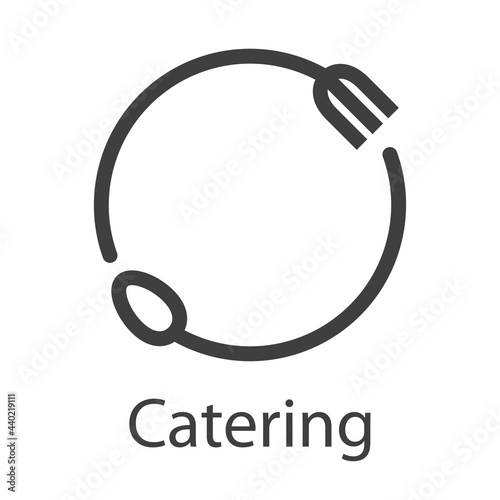 Logotipo con texto Catering con tenedor y cuchara con forma de circulo con lineas en color gris