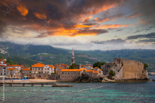Old town in Budva in a beautiful summer sunset  Montenegro.
