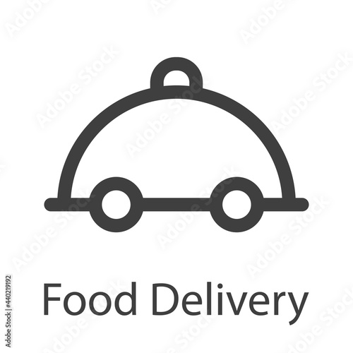 Logotipo con texto Food Delivery con bandeja de comida con tapadera con ruedas con lineas en color gris