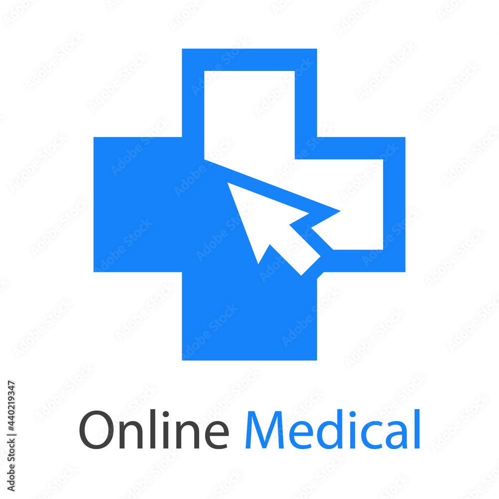 Logotipo con texto Online Medical con cruz y flecha de mouse en color azul Logotipo con texto Online Medical con cruz y flecha de mouse en color azul