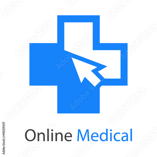Logotipo con texto Online Medical con cruz y flecha de mouse en color azul