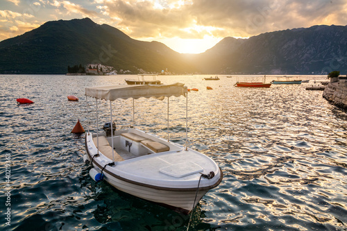 Sunset view of the historic town of Perast at Bay of Kotor. Montenegro.