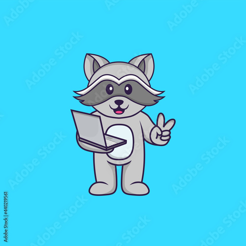 Cute racoon holding laptop. Animal cartoon concept isolated. Can used for t-shirt, greeting card, invitation card or mascot. Flat Cartoon Style © Turn
