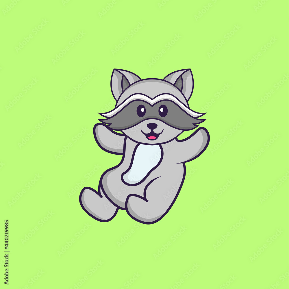 Obraz premium Cute racoon is flying. Animal cartoon concept isolated. Can used for t-shirt, greeting card, invitation card or mascot. Flat Cartoon Style