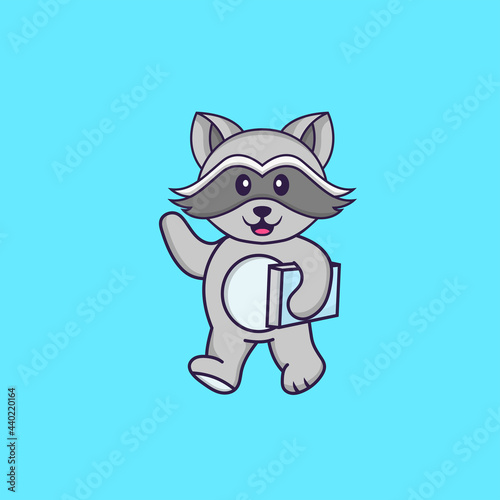 Cute racoon holding a book. Animal cartoon concept isolated. Can used for t-shirt, greeting card, invitation card or mascot. Flat Cartoon Style
