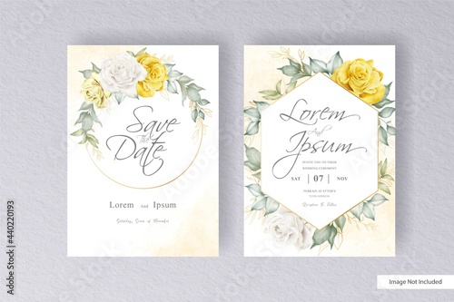 Elegant wreath floral Wedding Invitation Template Set with Hand Drawn Watercolor Floral and Leaves