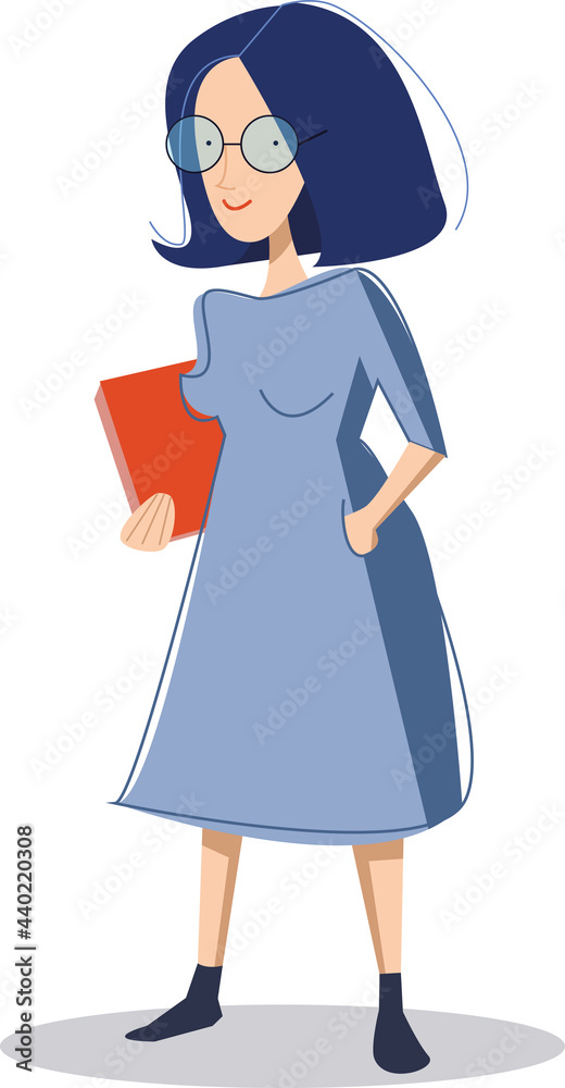 vector flat illustration of young pretty lady standing with book. cute teacher in round glasses isolated on white vector flat illustration of young pretty lady standing with book. cute teacher in round glasses isolated on white
