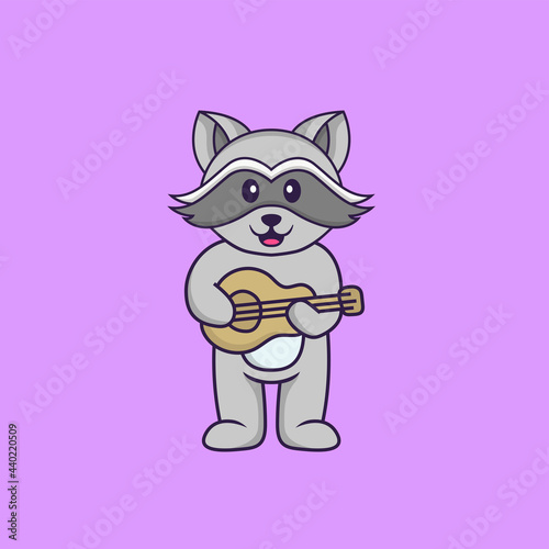 Cute racoon playing guitar. Animal cartoon concept isolated. Can used for t-shirt, greeting card, invitation card or mascot. Flat Cartoon Style © Turn