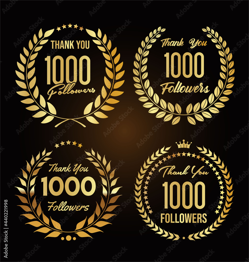 1000 followers illustration with thank you with golden laurel wreath 