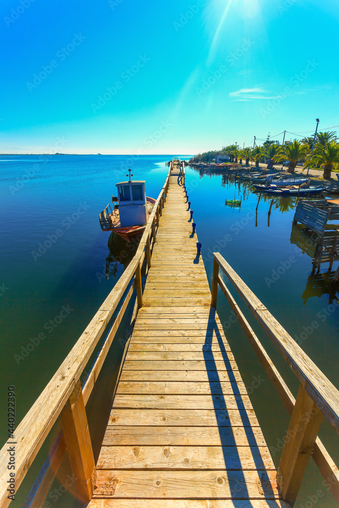 Fototapeta premium Beautifull sea lake platform view in Aitoliko Central Greece