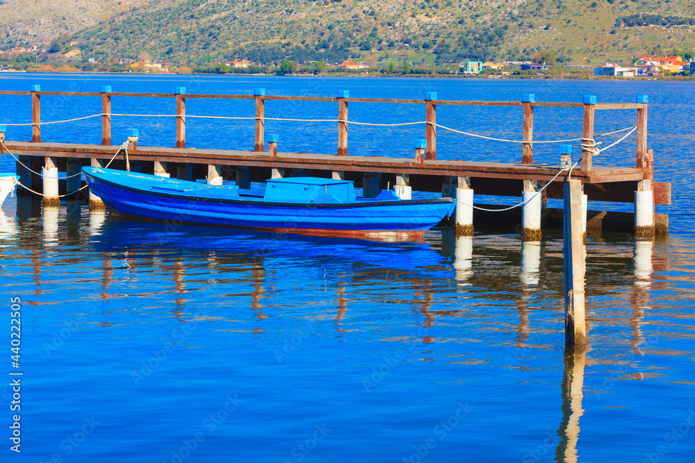 Bluel boat with, in Aitoliko sea lake in Central Greece