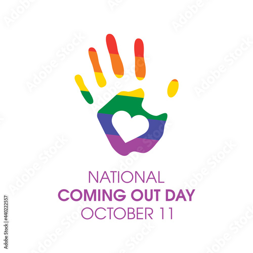 National Coming Out Day vector. Handprint with the colors of the rainbow flag icon vector. Hand with heart shape vector. LGBT design element. October 11, important day