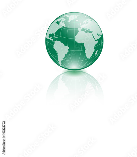 Glossy green circle earth globe on white background