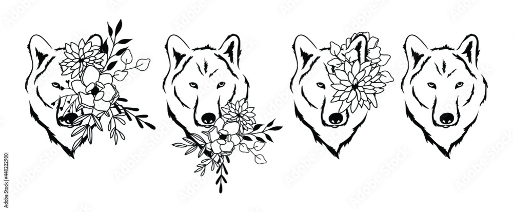 Wolves floral vector illustration set, flower animal