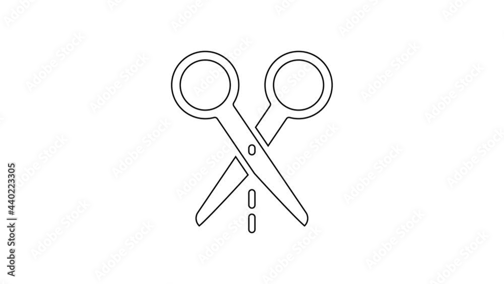 Black line Scissors with cut line icon isolated on white background. Tailor symbol. Cutting tool sign. 4K Video motion graphic animation Black line Scissors with cut line icon isolated on white background. Tailor symbol. Cutting tool sign. 4K Video motion graphic animation