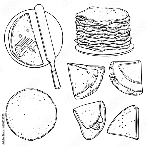 Crepes, thin pancakes. Sketch  illustration.