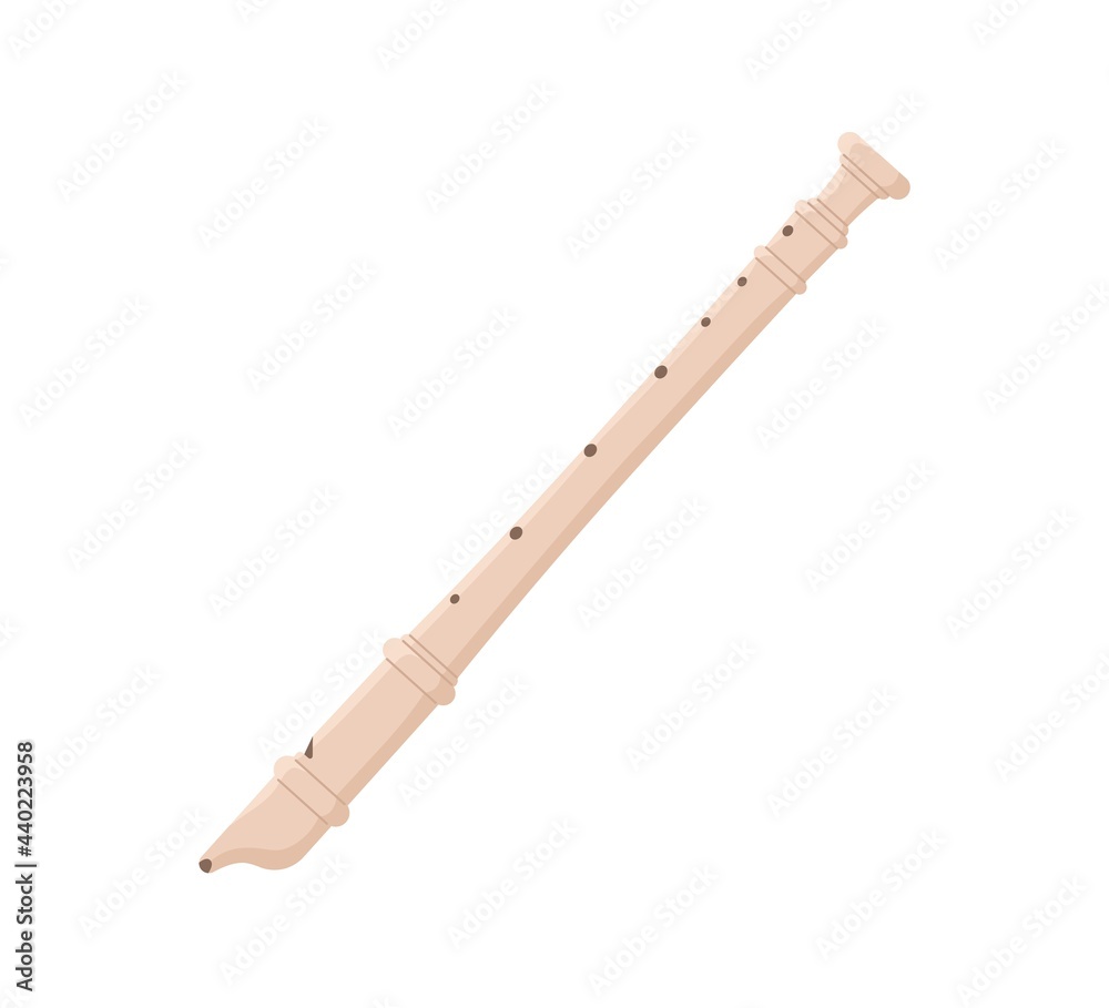 Wood recorder or duct flute with whistle mouthpiece. Woodwind music instrument. Colored flat vector illustration isolated on white background Wood recorder or duct flute with whistle mouthpiece. Woodwind music instrument. Colored flat vector illustration isolated on white background