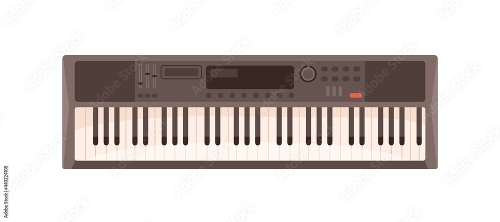 Modern synthesizer with keys, buttons and display. Synth, electronic keyboard music instrument. Digital piano. Colored flat vector illustration isolated on white background