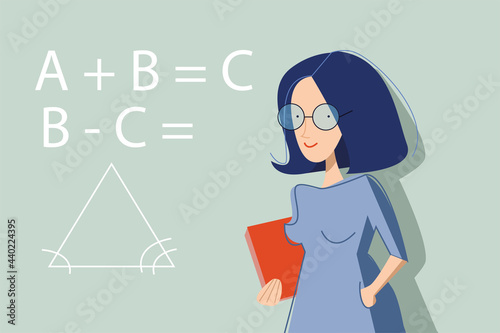 vector flat illustration of woman teacher standing with book.  blackboard in backdrop