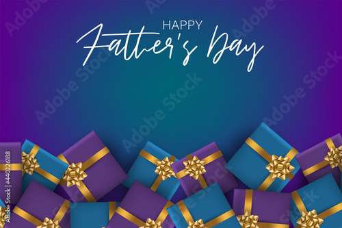 Fathers Day banner background. Blue and purple presents with golden bow. Realistic vector illustration.
