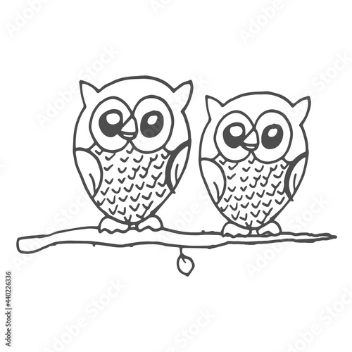 two olws on a branch illustration isolated on white background. hand drawn vector. coloring concept for kids. doodle art for logo, label, sticker, clipart, poster, coloring book, wall decoration.