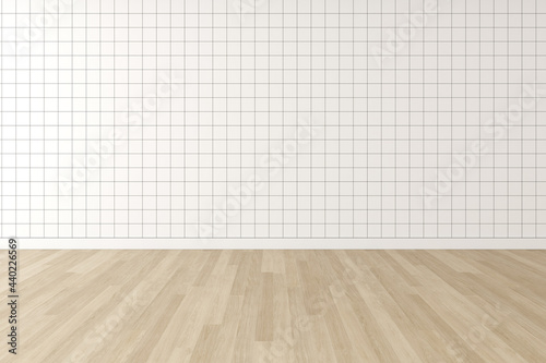 3d rendering of empty minimal room with small tile wall and wooden laminate floor.