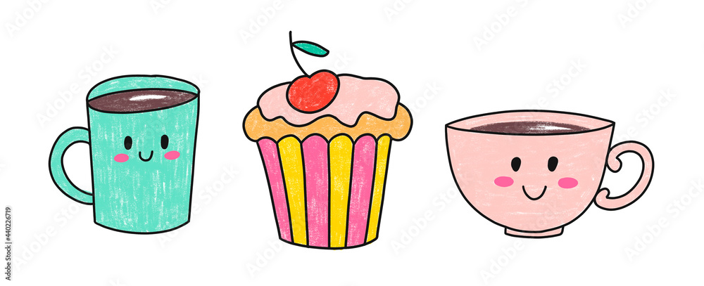 Hand Drawn illustration isolated on white background. Sweets Set of elements. Kawaii characters. Cute face emotions in cartoon pencil style. cupcake, cup of tea, coffee, mug, Kids party, t shirt,