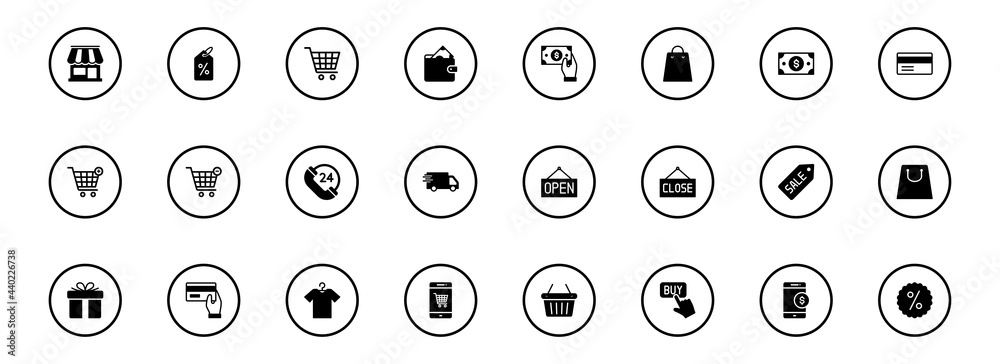 E-commerce set icon. shopping Outline web icons set