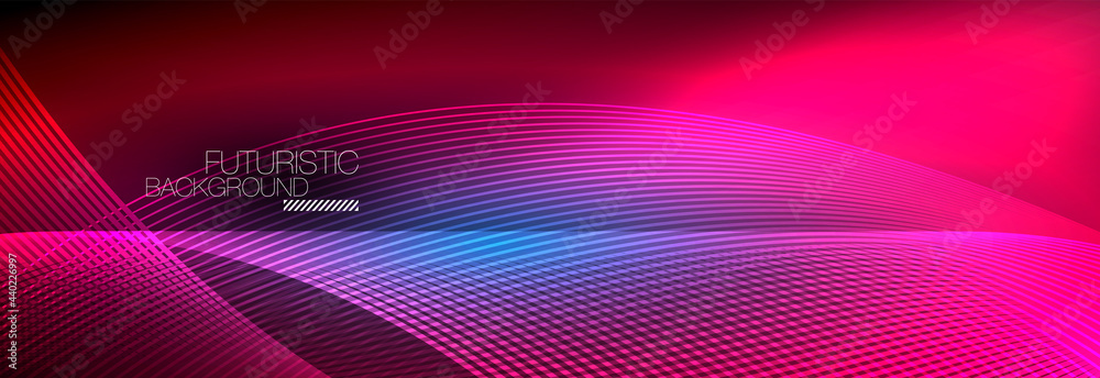 Abstract neon glowing light in the dark with waves. Shiny magic energy and motion concept, vector abstract wallpaper background Abstract neon glowing light in the dark with waves. Shiny magic energy and motion concept, vector abstract wallpaper background