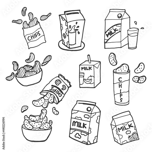 set of food and beverage isolated on white background. milk box and potato chips illustration. hand drawn vector. healthy drink, salty chips. doodle art for branding, logo, advertising, clipart,poster