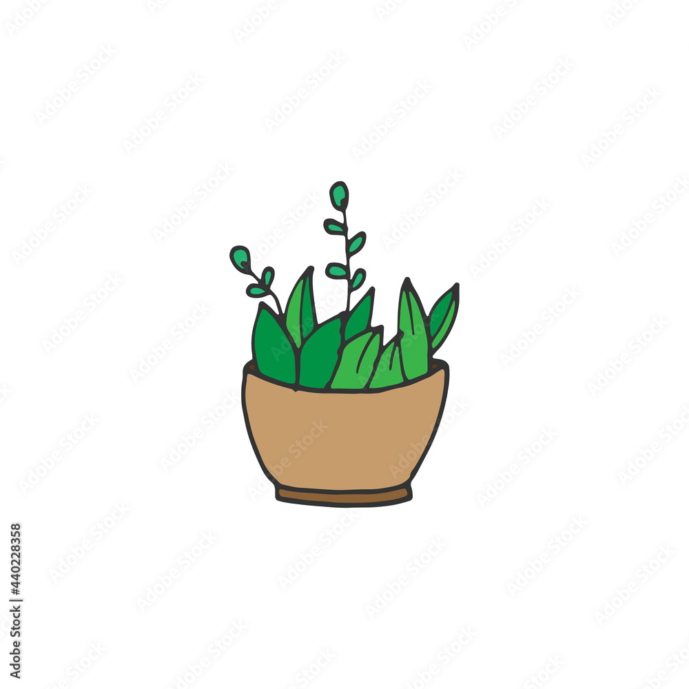 potted plant illustration on white backgroun. green leaf with brown pot. hand drawn vector. doodle art for logo, label, cover, poster, banner, sticker, clipart. houseplant, flowerpot icon. single pot potted plant illustration on white backgroun. green leaf with brown pot. hand drawn vector. doodle art for logo, label, cover, poster, banner, sticker, clipart. houseplant, flowerpot icon. single pot