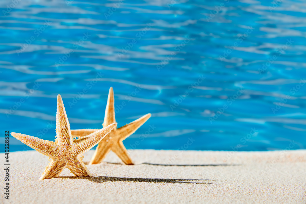 Starfishes stand in the sand on a blue water background Starfishes stand in the sand on a blue water background