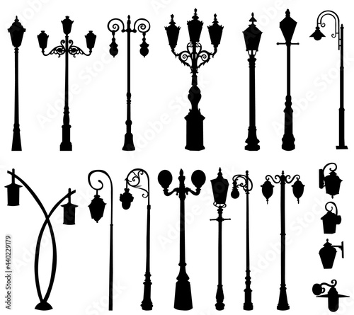 set of silhouette street lamps isolated, vector
