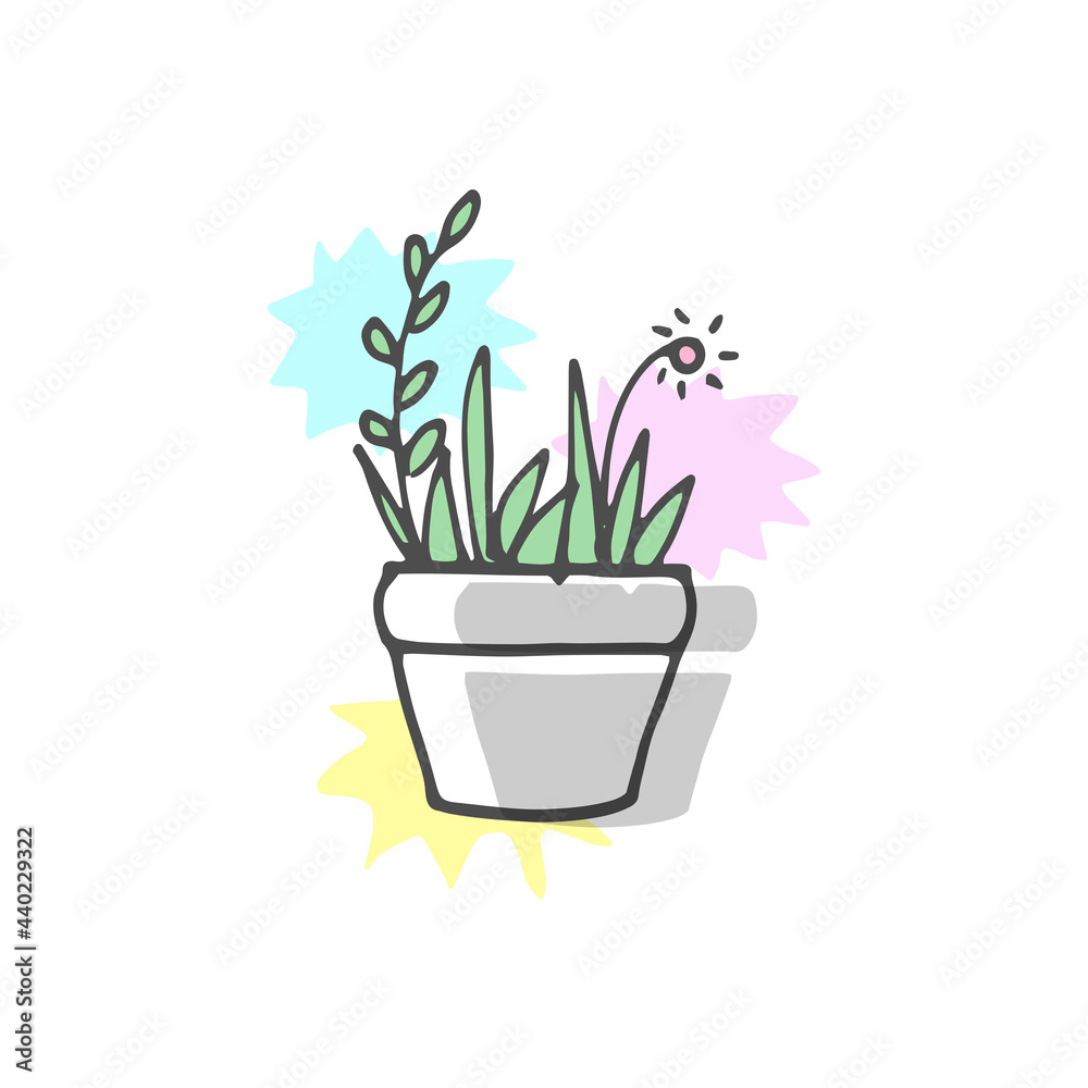 beautiful houseplant illustration on white background. potted plant icon, flowerpot with color paint spattered. hand drawn vector. doodle art for logo, wallpaper, poster, banner, clipart, sticker. 